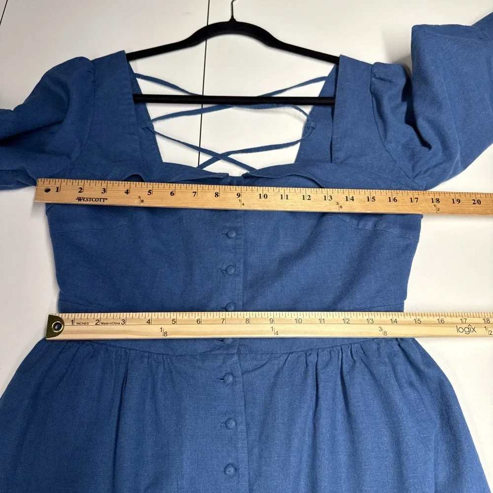 Gaala Paris Esther Midi Button Down Dress Sz 42 Blue Linen Cotton Blend Pockets
